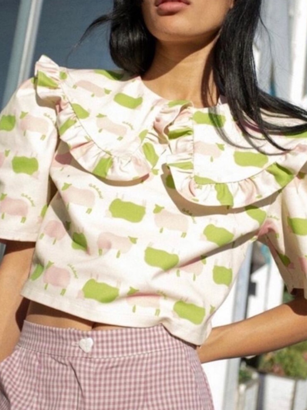 NWT Lisa Says Gah Sheep Print Short Sleeve Shirt 2XL Peter Pan Collar Pink Green - Picture 7 of 16